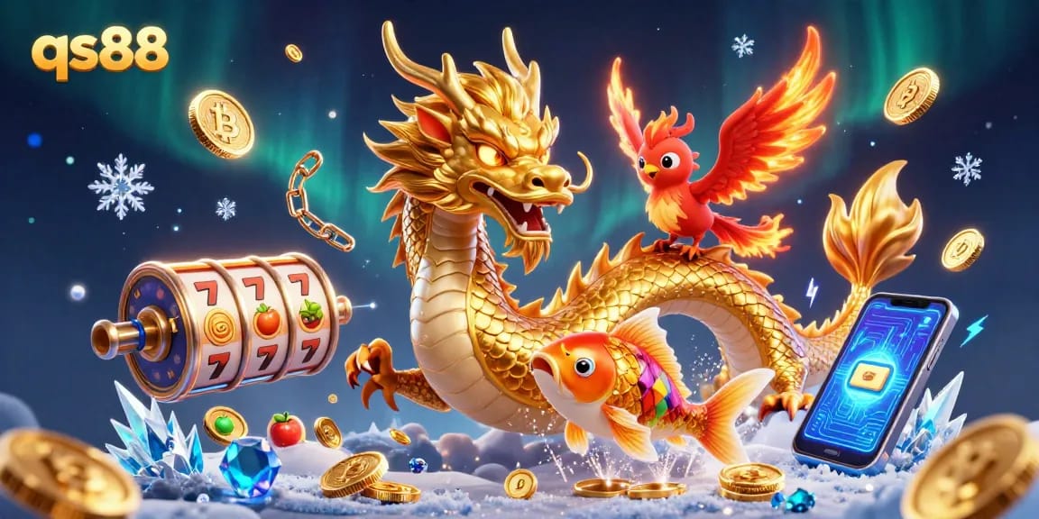 Engage in thrilling qs88 casino adventures, featuring a dragon, phoenix, and koi fish among dynamic gaming elements.