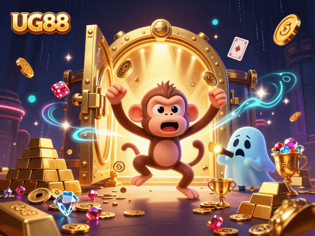 Engage with UG88 as a mischievous monkey juggles golden objects in a haunted casino environment.