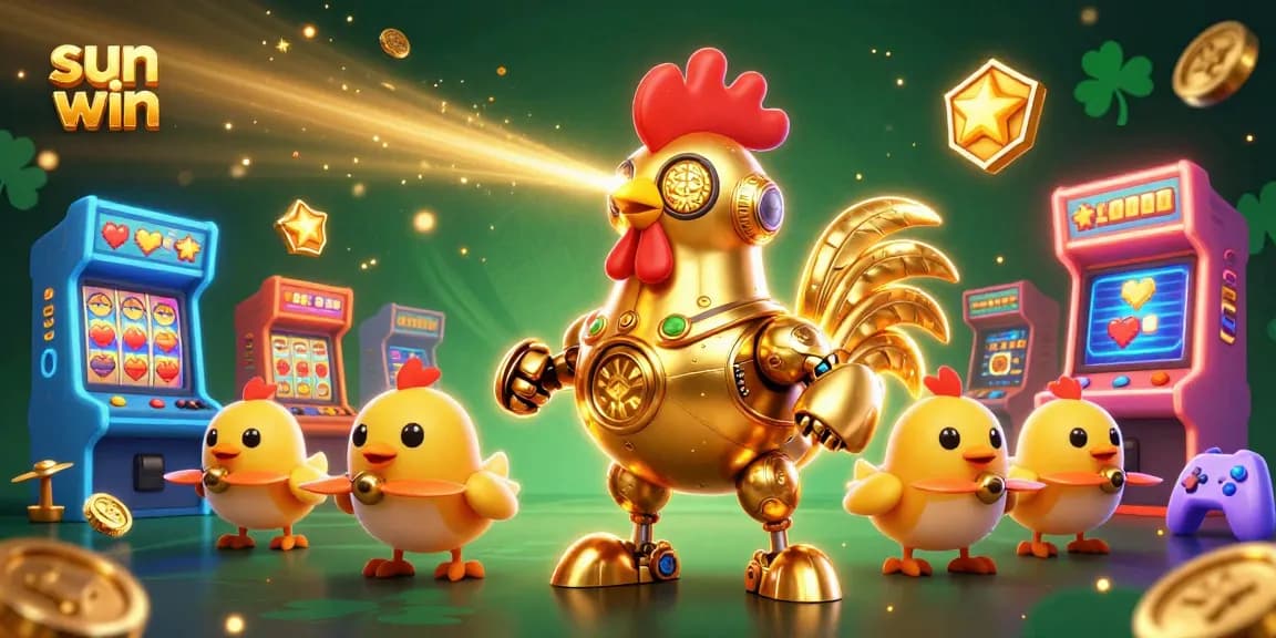 Experience the excitement of sun win with a lively 3D casino illustration showcasing golden gaming elements and vibrant characters.
