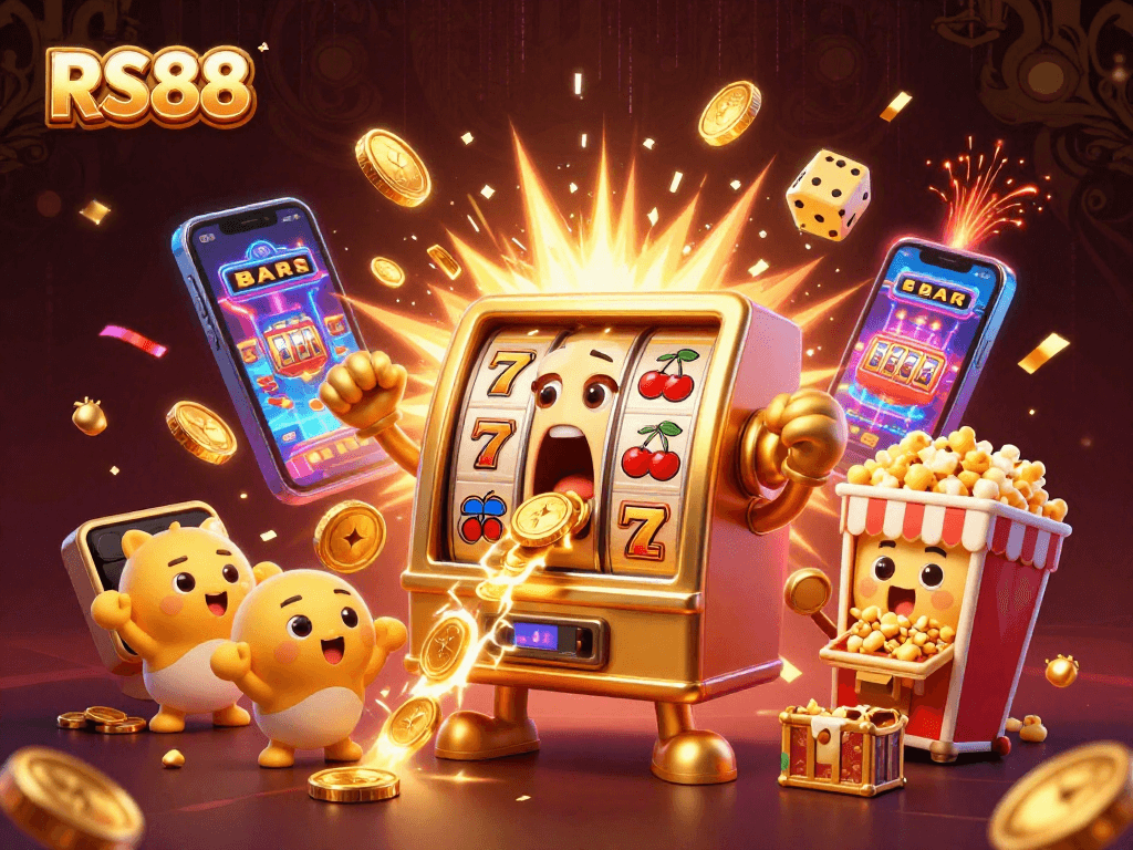 Experience the thrill of RS88 with cartoon slot machines celebrating a jackpot explosion.