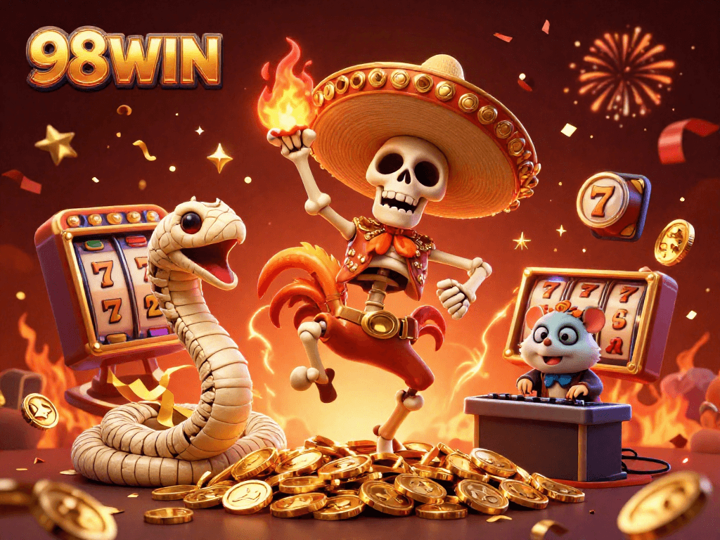 Experience the winning excitement at 98WIN with colorful slot reels and a lively fiesta scene.
