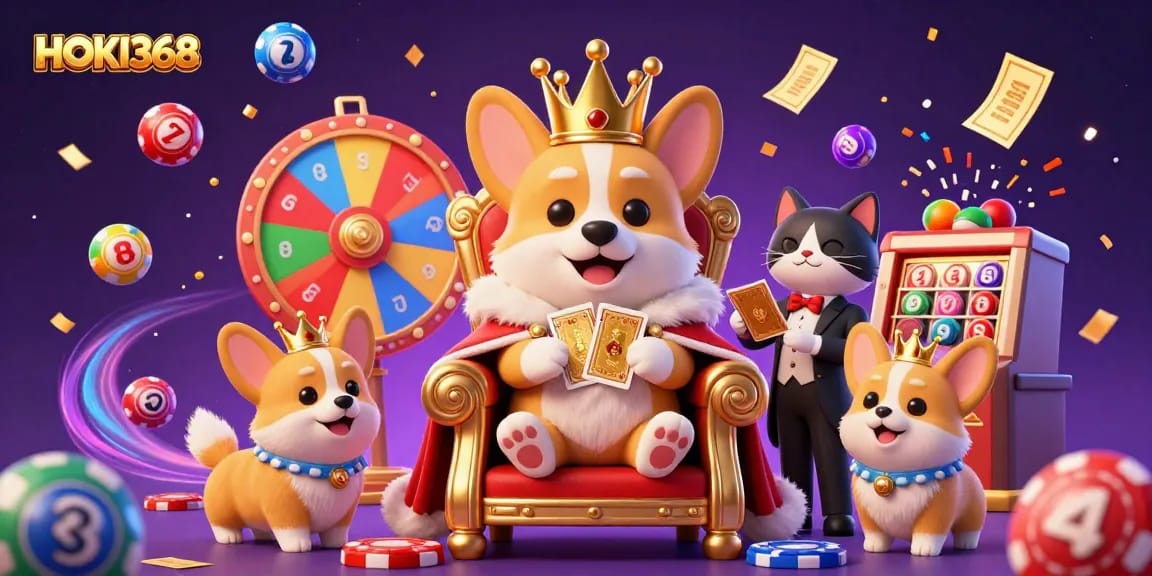 Experience the excitement at HOKI368 with a lively illustration showcasing vibrant lottery elements and engaging characters.