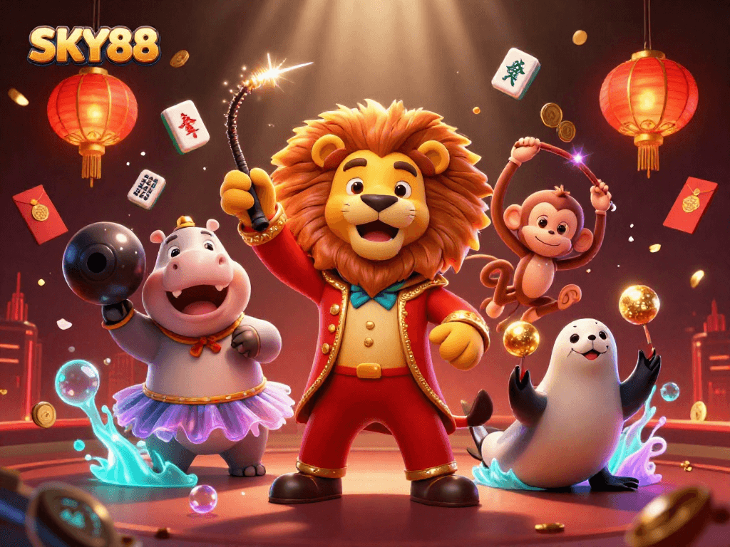 Engage in thrilling gameplay at SKY88 with colorful circus characters and exciting casino elements.