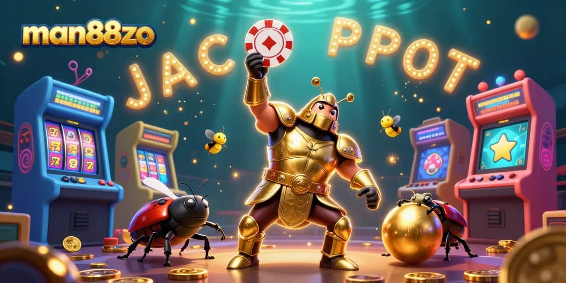 Join the excitement at man88zo as the hercules beetle celebrates a poker victory with flashing casino elements