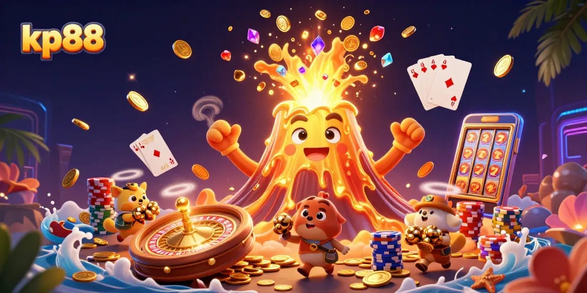 Boost your excitement at kp88 with a dynamic 3D illustration showcasing casino fun and treasures.