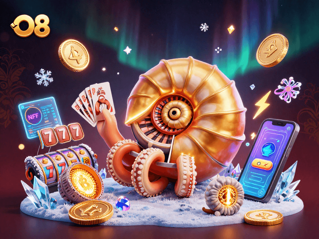 Engage with O8's dynamic gaming adventure, featuring a nautilus roulette wheel and crypto elements.