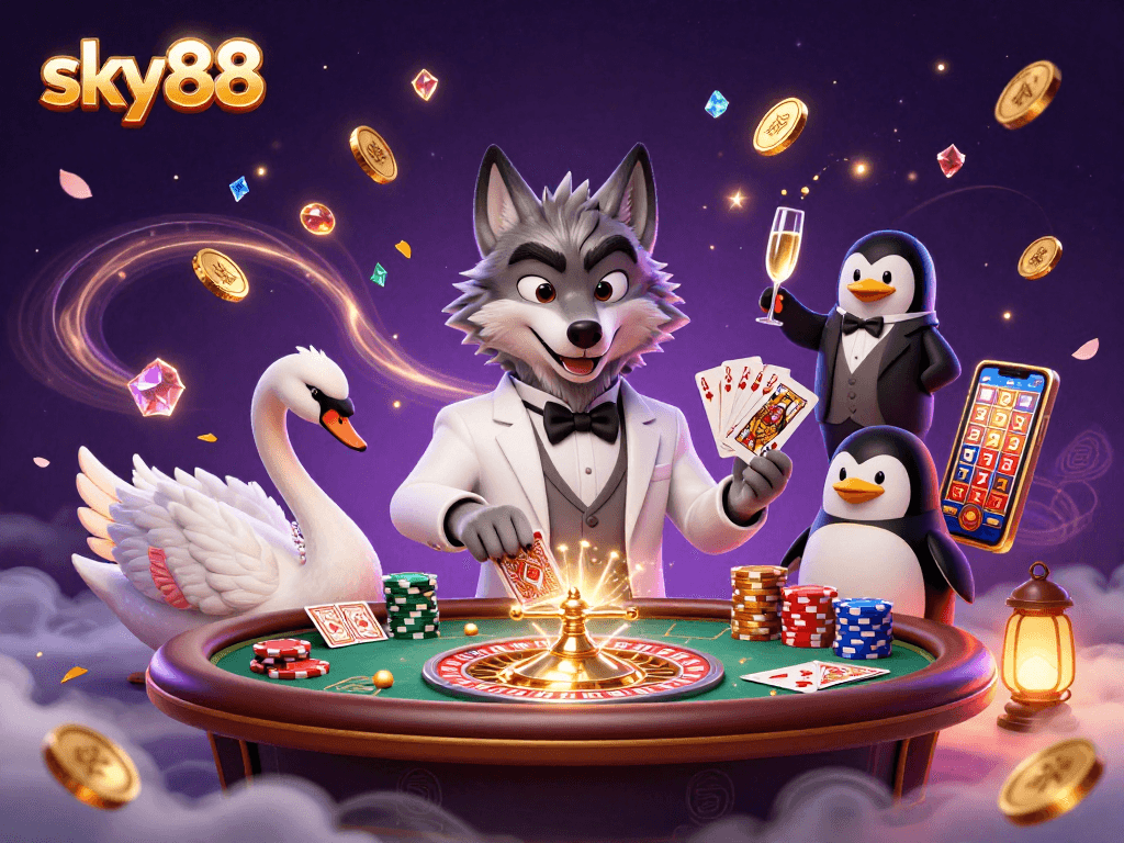 Experience thrilling gaming at sky88 with a debonair wolf, elegant swan dealer, and penguin sommelier.