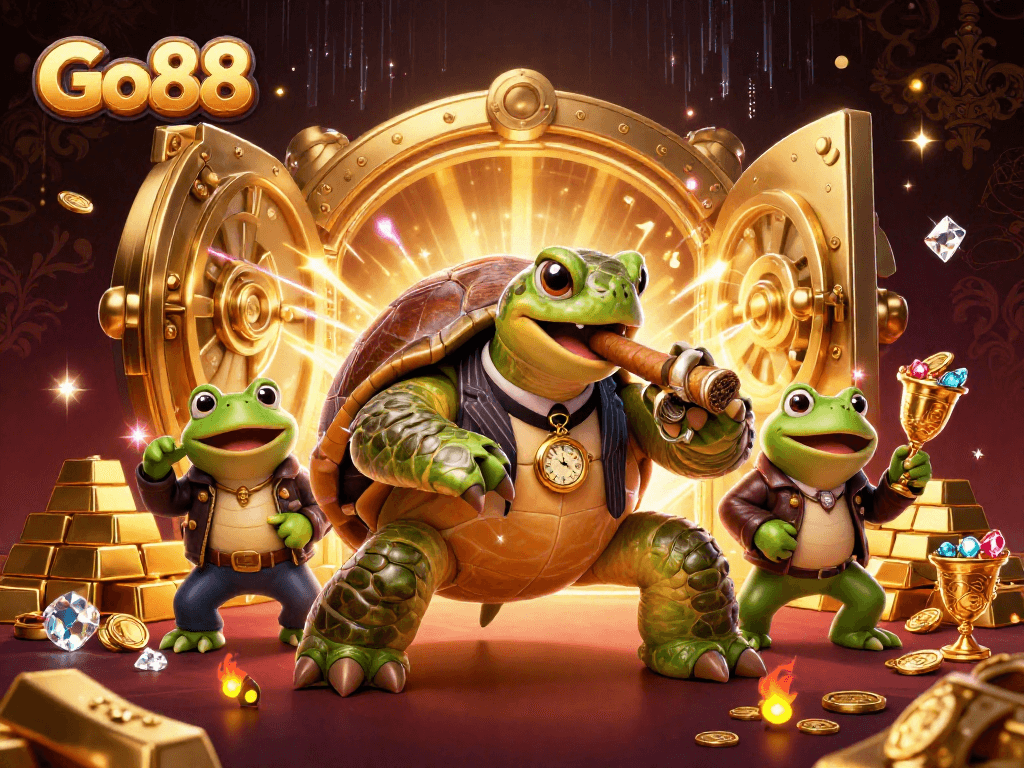 Join the excitement at Go88 with a vibrant 3D casino scene featuring epic characters and treasures!