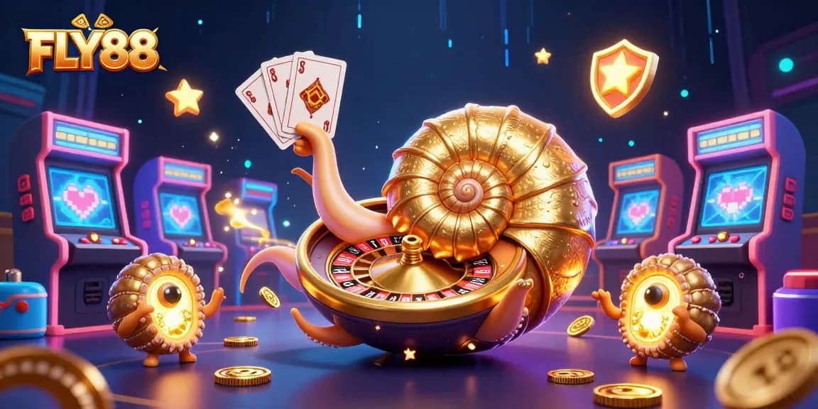 Experience FLY88 with a vibrant, thrilling illustration of a giant nautilus holding cards in a dynamic casino scene.