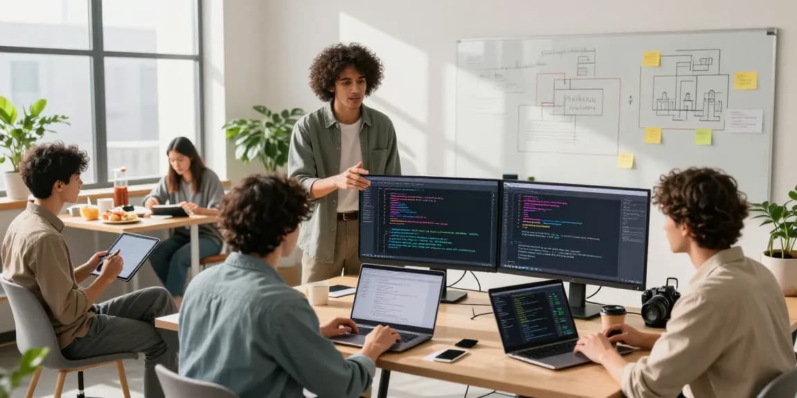 Dynamic software development team collaborating at a modern workspace showcasing crushonai features and tools.