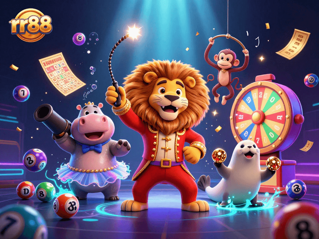 rr88 showcases a vibrant 3D circus scene with characters enjoying a lively gambling atmosphere.