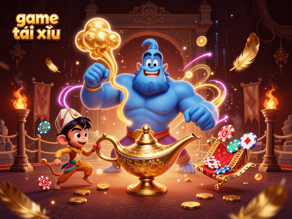 Experience thrilling game tài xỉu action with a dynamic illustration of a genie and magical elements.