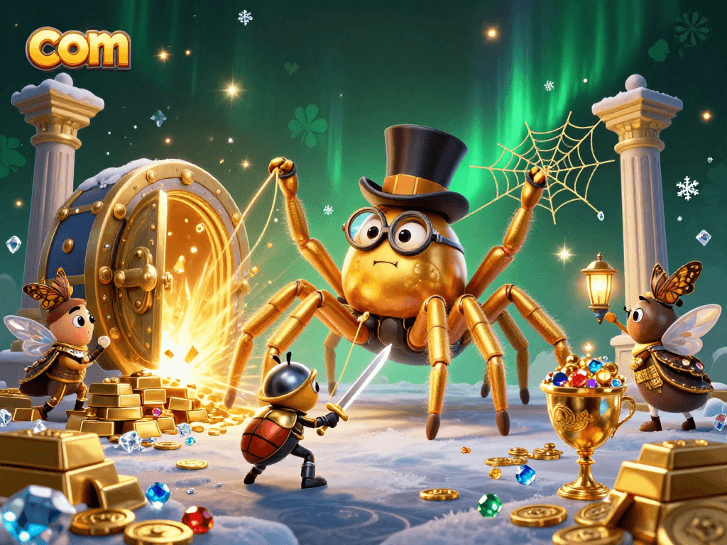 Experience the thrill of winning at com with a golden tarantula and beetle knight in a vibrant casino scene.