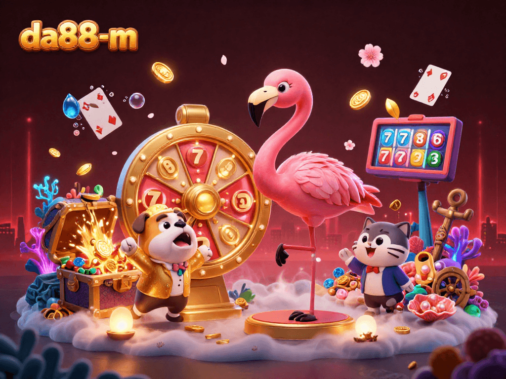 Experience the excitement of da88-m with a vibrant 3D casino scene showcasing thrilling games and engaging characters.