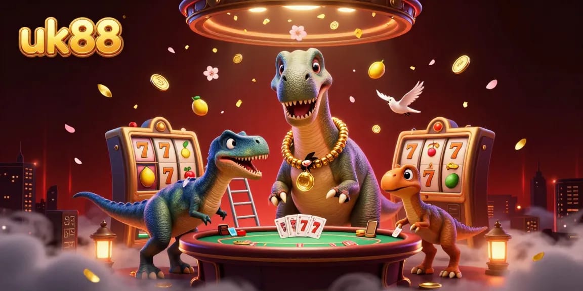 Experience thrilling moments at uk88 with a whimsical 3D casino scene showcasing a brontosaurus and raptor.