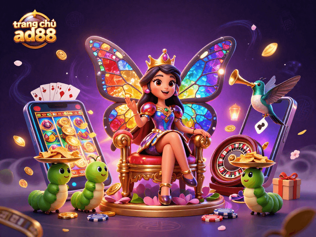 Win big at trang chủ ad88 with an exciting 3D casino-themed illustration featuring a butterfly queen and vibrant gaming elements.