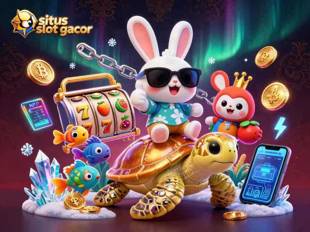 Engage with situs slot gacor by enjoying a vibrant 3D scene featuring a lucky rabbit and a golden turtle.