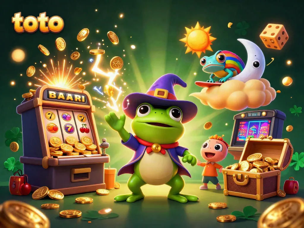 Gambarkan toto dalam ilustrasi 3D dengan pesulap katak dan chameleon berkeliaran di awan hasil jackpot.