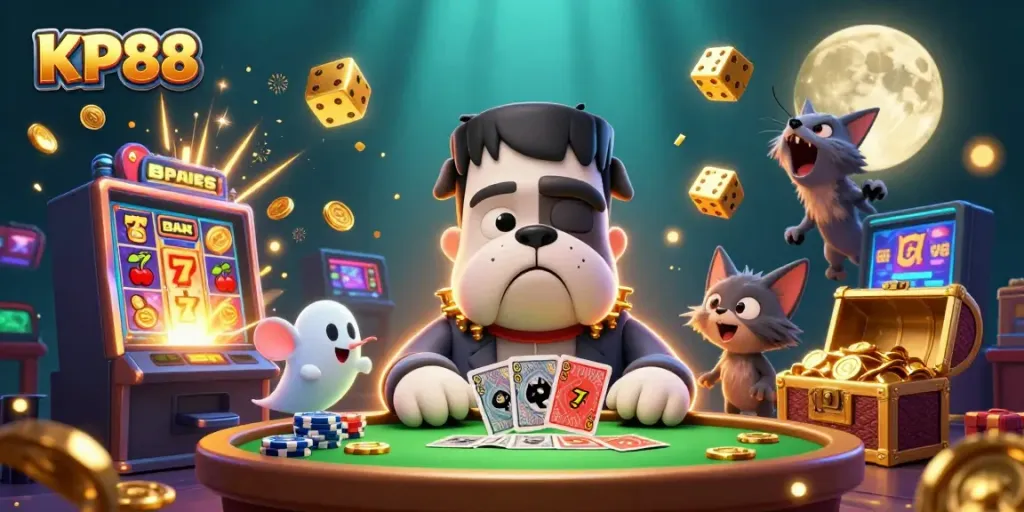 Win big at KP88 with thrilling card games and vibrant jackpot slots in a magical casino scene!