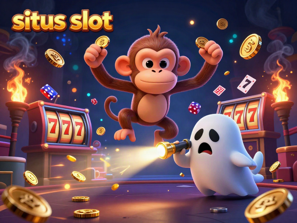 Watch as the mischievous poltergeist monkey juggles golden winnings in this situs slot illustration.