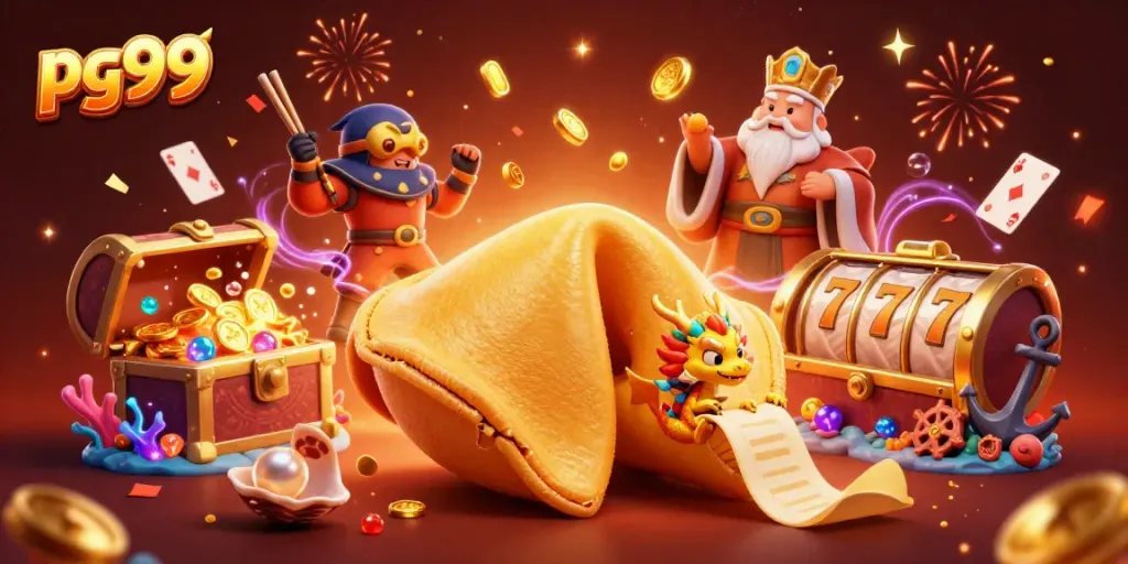 Spin the reels with pg99 as a golden fortune cookie and dragon bring good fortune in a vibrant casino scene.