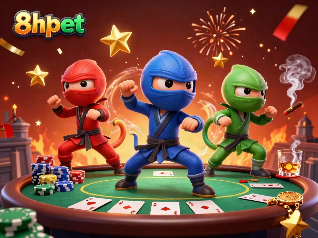 Experience thrilling action with 8xbet as ninja chameleons and poker elements collide in a vibrant casino scene.