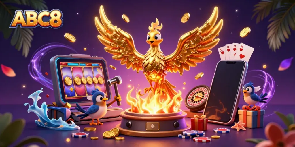 Engage with the exciting slots at ABC8, featuring a molten golden phoenix, vibrant coins, and thrilling game elements.