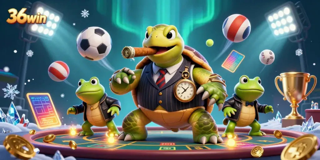 Engage with 36win's lively casino scene featuring a mobster turtle amidst sports excitement and promotions.