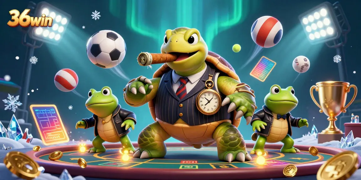 Engage with 36win's lively casino scene featuring a mobster turtle amidst sports excitement and promotions.