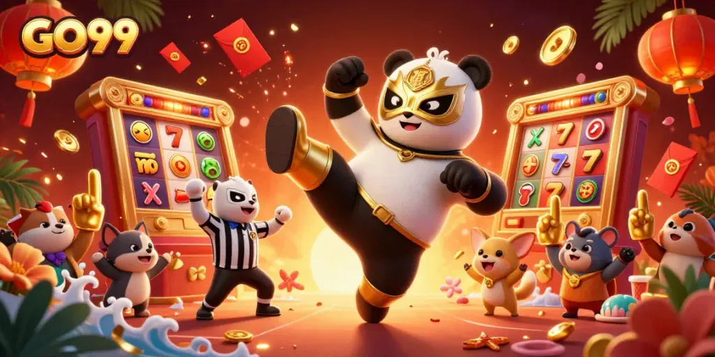 Engaging scene featuring GO99 with panda wrestler kicking, cheering animal crowd, and casino elements.