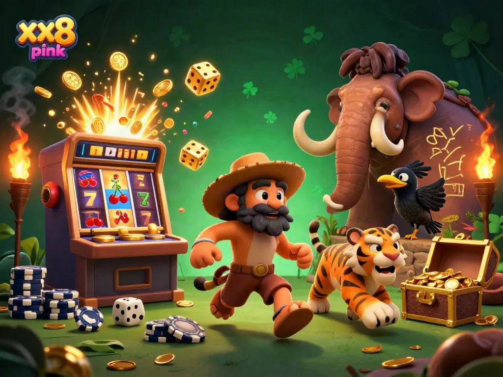 Experience the excitement of xx8 pink with a cartoon caveman duo in a prehistoric casino bursting with slot machine wins and gold!