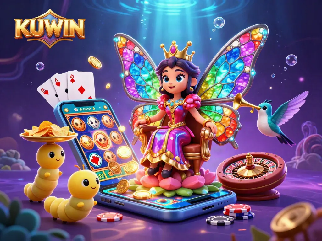 Bet on exciting games at KUWIN with a colorful scene featuring a butterfly queen, vibrant slots, and dynamic casino elements.