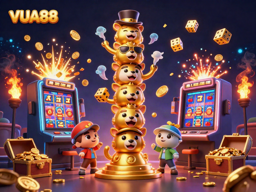 Experience the vibrant excitement of VUA88's gaming environment with dynamic slot symbols and a golden totem.