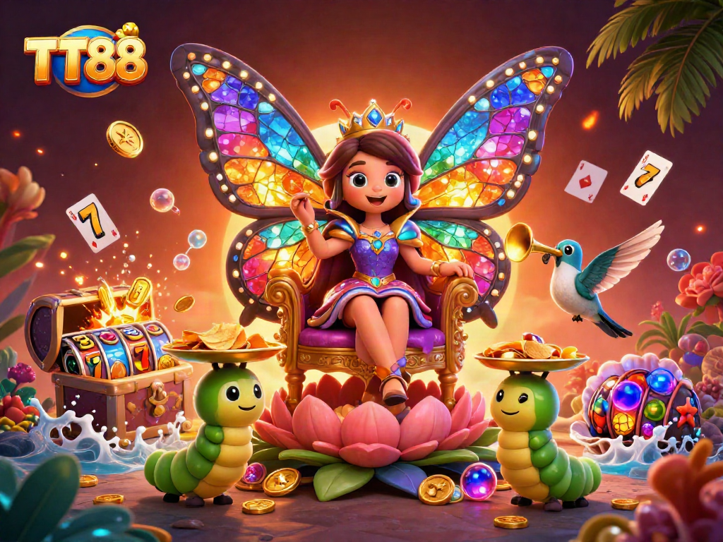 Experience vibrant TT88 gameplay with the butterfly queen amid slots and treasures in stunning 3D.