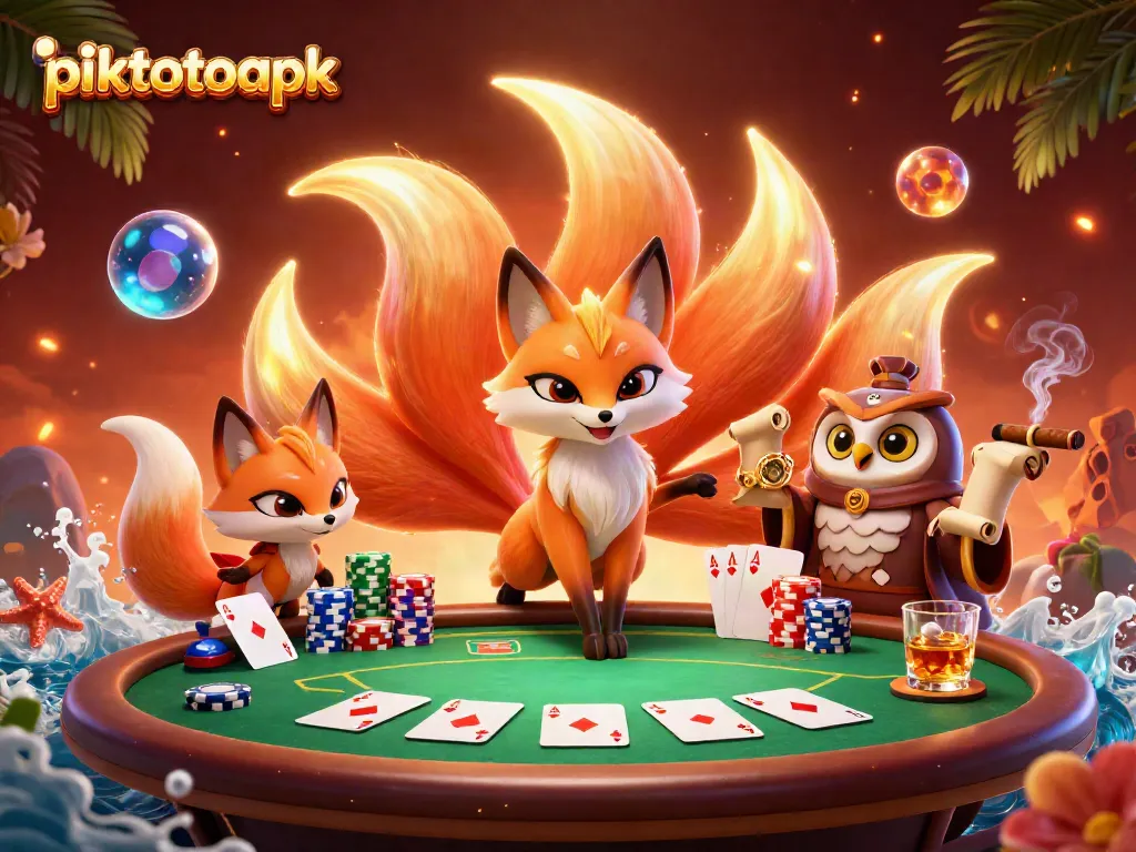 Engage with piktotoapk's vibrant online casino atmosphere, featuring a nine-tailed fox and poker elements.