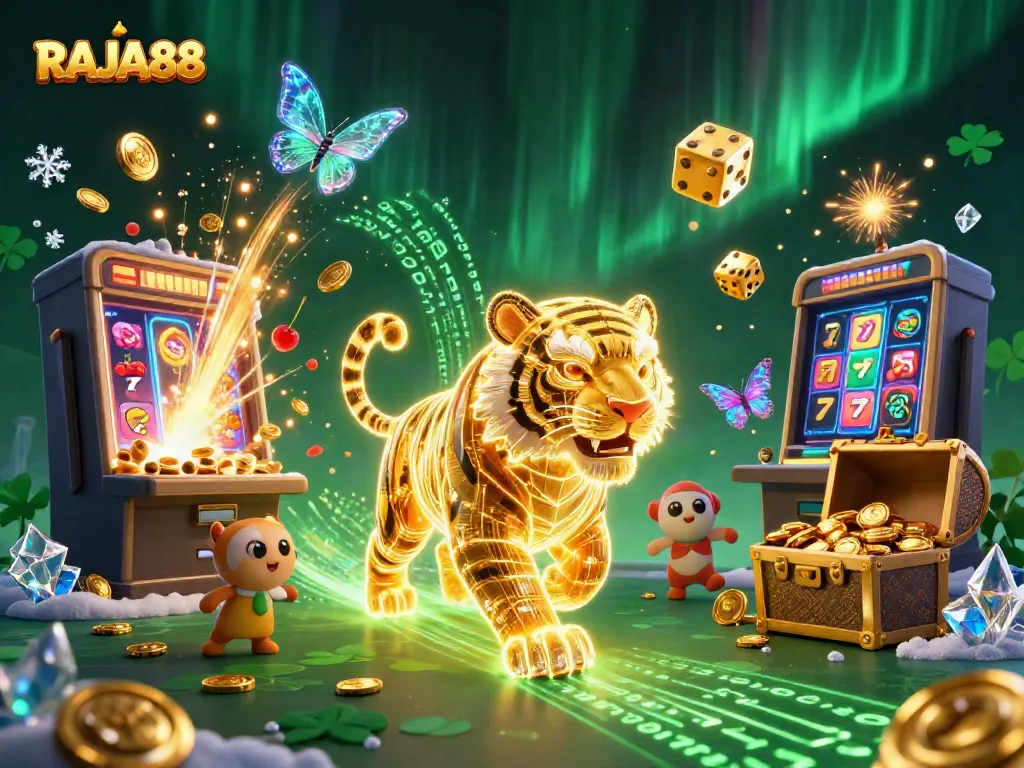 Experience the energetic slot action with RAJA88, featuring a golden tiger amidst dynamic jackpots and vibrant casino excitement.