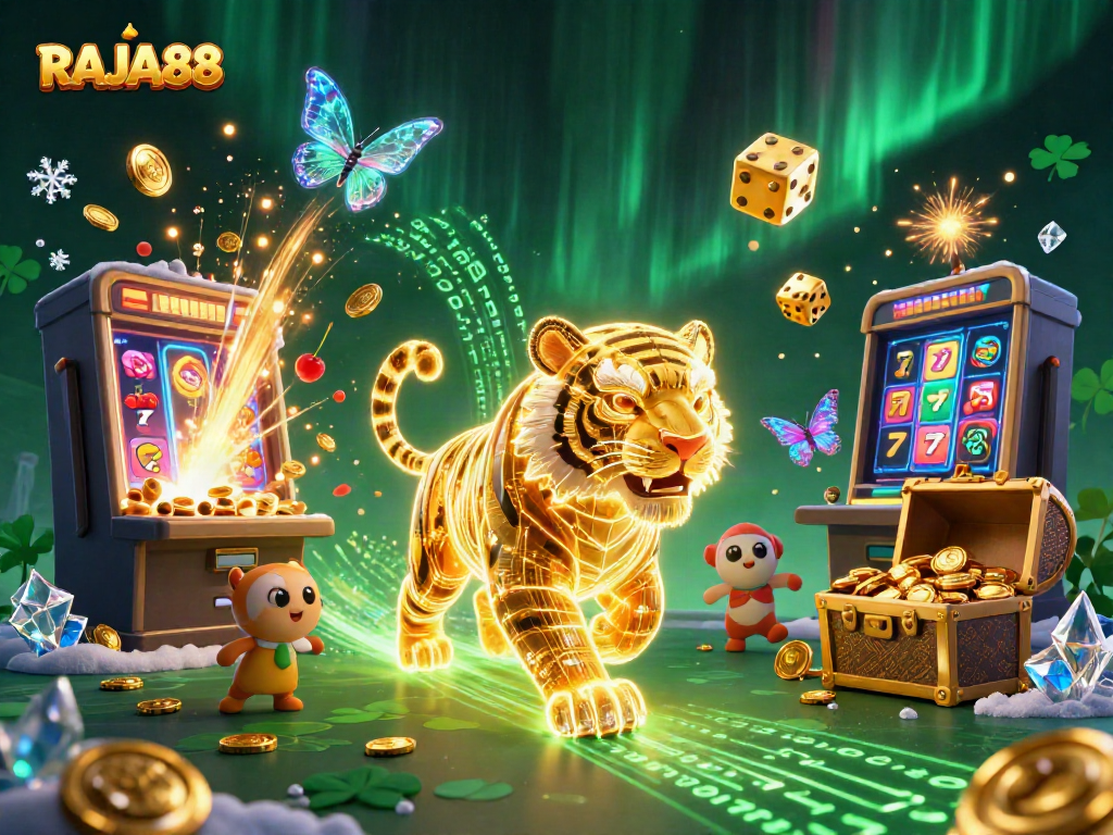 Experience the energetic slot action with RAJA88, featuring a golden tiger amidst dynamic jackpots and vibrant casino excitement.