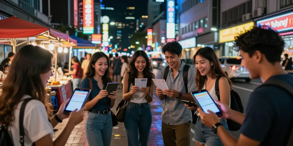 Friends enjoying Togel gaming in vibrant urban nightlife, illuminated by neon lights.