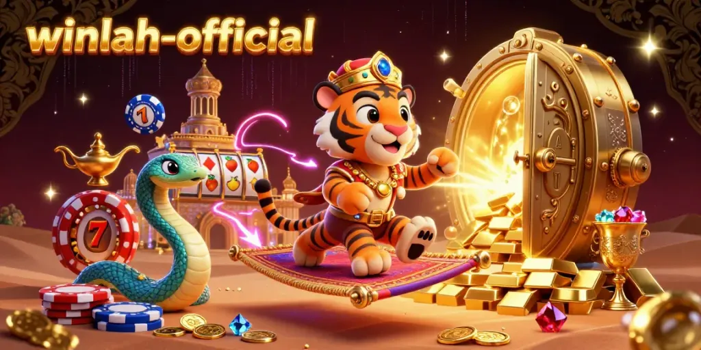 Experience luck with winlah-official's vibrant casino scene showcasing spectacular games and golden treasures.