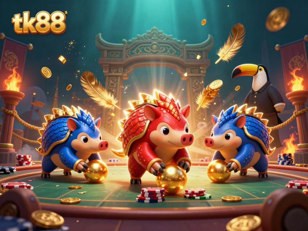 tk88 pangolins bowling through poker chips in a vibrant 3D casino scene.
