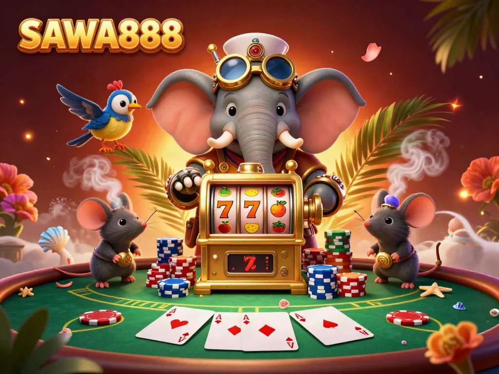 Experience the excitement of SAWA888 with a vibrant 3D illustration featuring steampunk characters at a slot machine.