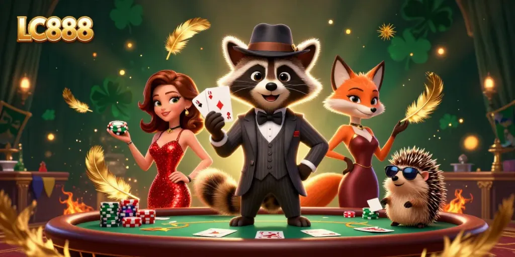 Engage in thrilling action at LC888's colorful poker table with charming characters and vibrant casino elements.