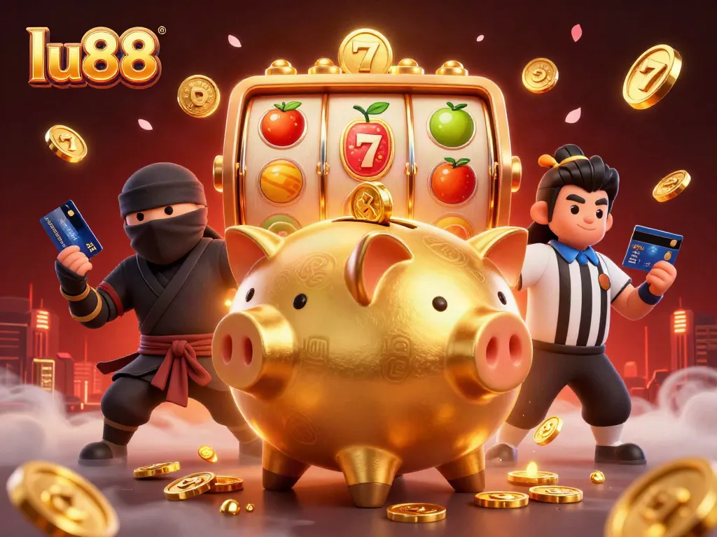 Engage in thrilling gameplay with lu88's vibrant 3D casino scene featuring a gold piggy bank and slot reels.
