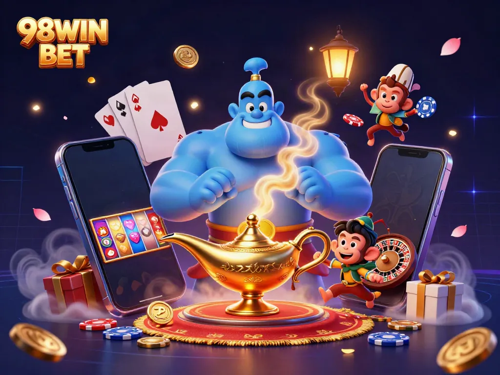 Engage with 98WIN BET's exciting world filled with a blue genie, poker chips, and vibrant slot games.