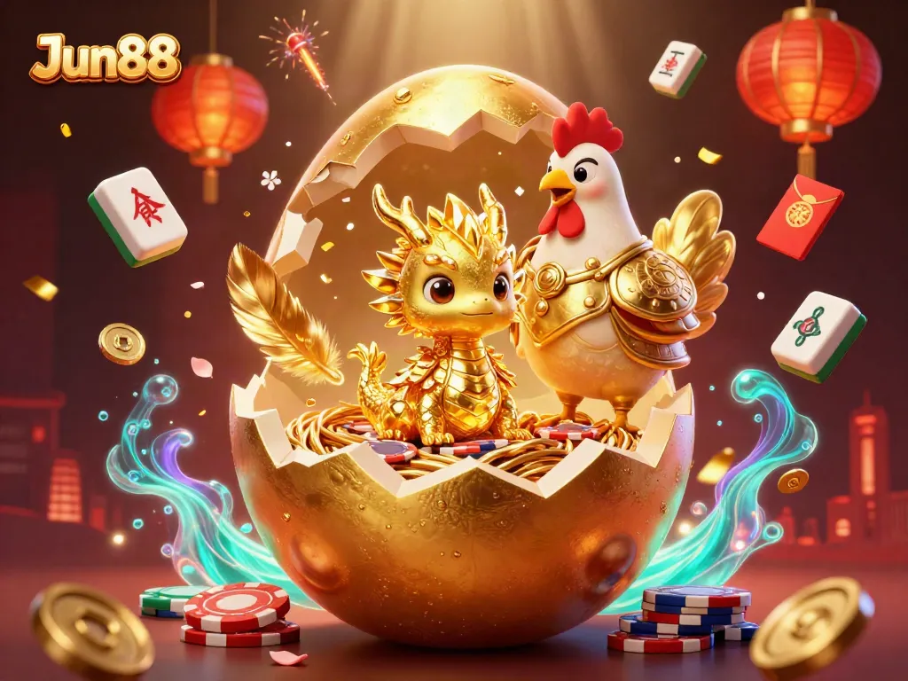 Engage in thrilling gameplay with Jun88: a golden dragon guarding a nest of poker chips amidst vibrant casino elements.
