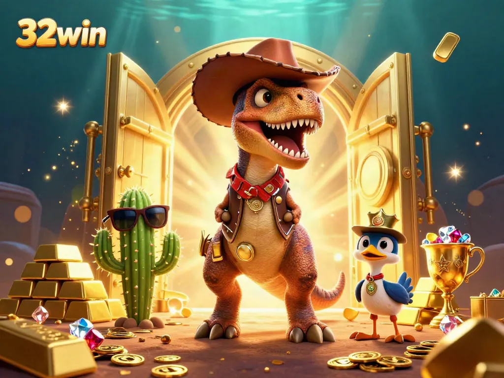 Experience thrilling wins at 32win with dazzling jackpots and rich treasure in this vibrant 3D casino scene