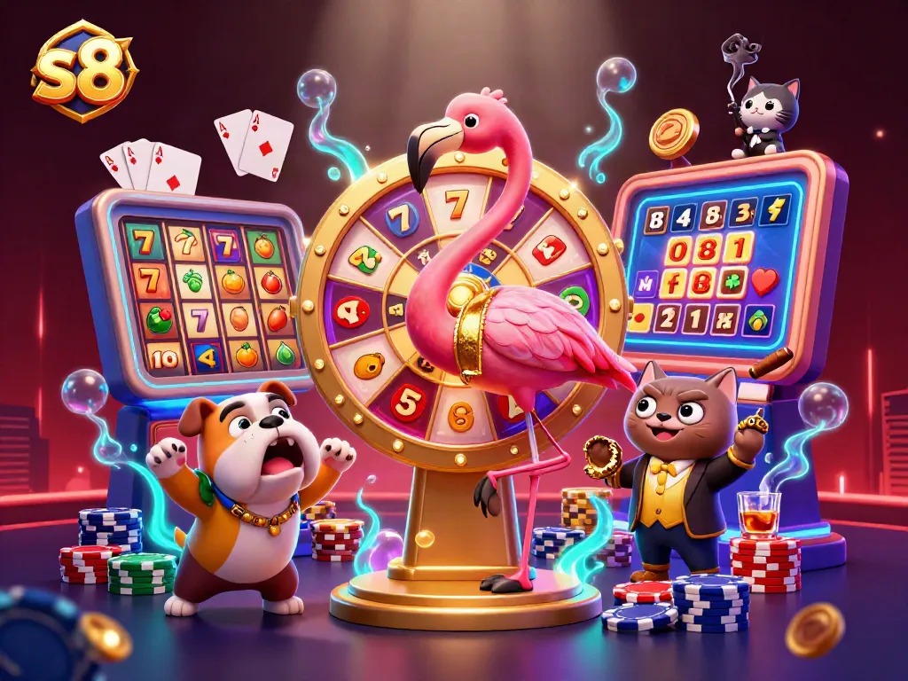 Engage with S8's thrilling slot games, featuring vibrant slot reels and a dynamic game scene.