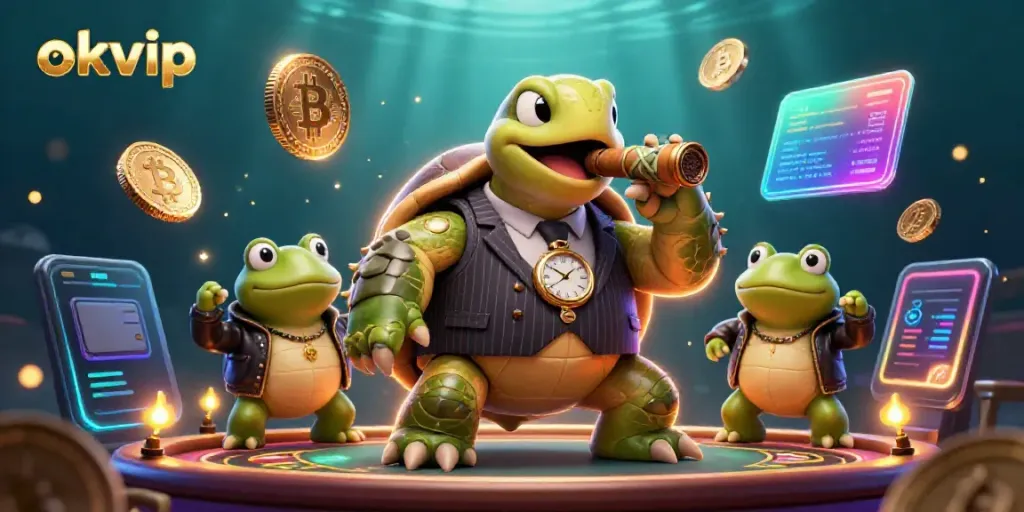 Experience the thrill of okvip with a dynamic casino scene featuring a snapping turtle and bullfrog enforcers.
