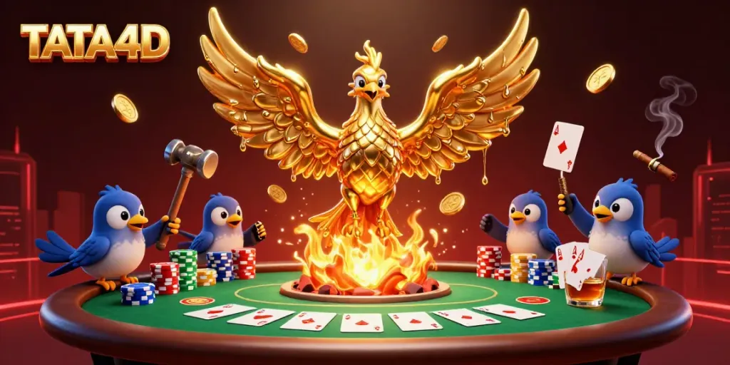 Experience the thrill of TATA4D with a molten gold phoenix and poker elements in a dynamic casino scene.