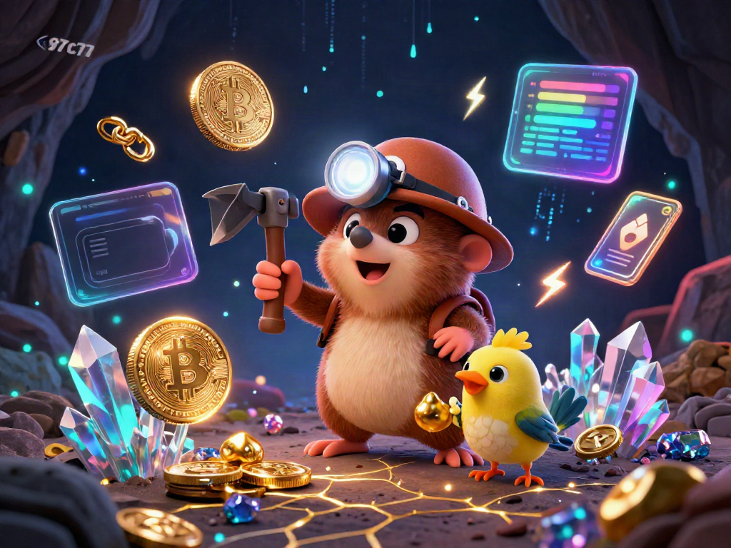 Engage in thrilling gameplay at 97c77 with a 3D mole treasure hunter amid crypto coins and glowing gems.